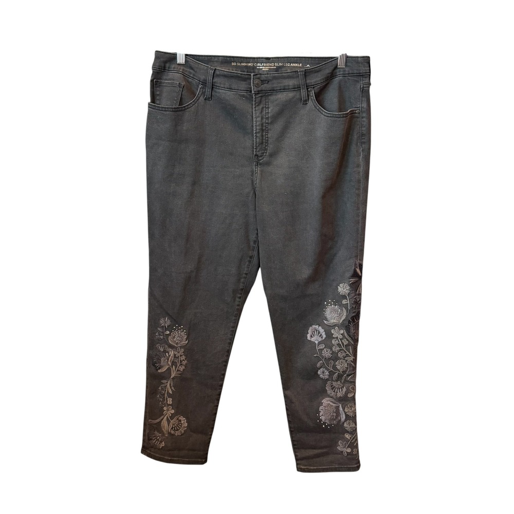 Chico's Girlfriend Jeans Womens Grey Floral Embroidered Beaded Boho 16R / 3R